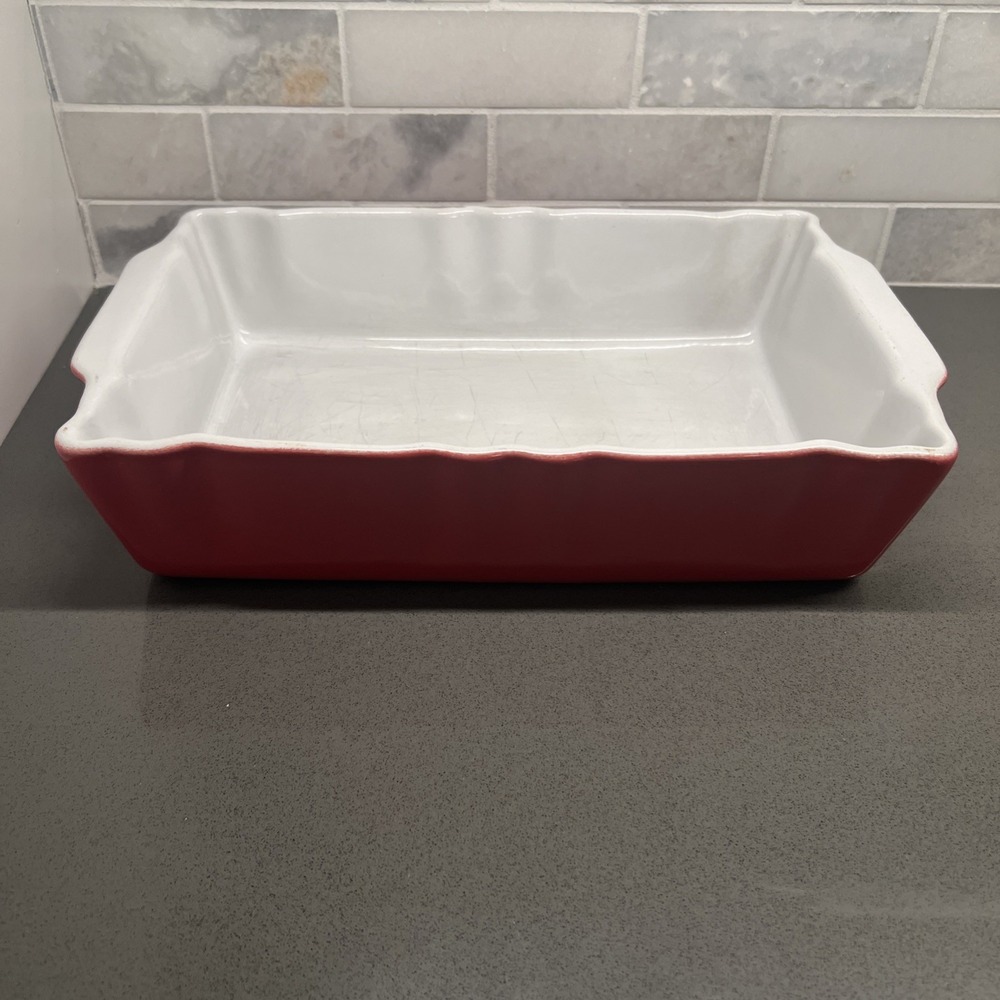 Cerutil Stoneware Portugal rectangle Red/Orange Scallop, Baing Dish with handles